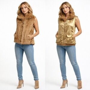 miFresia Women Reversible Rabbit Fur Satin Vest Gold Knit Back Sz M Luxury Y2K